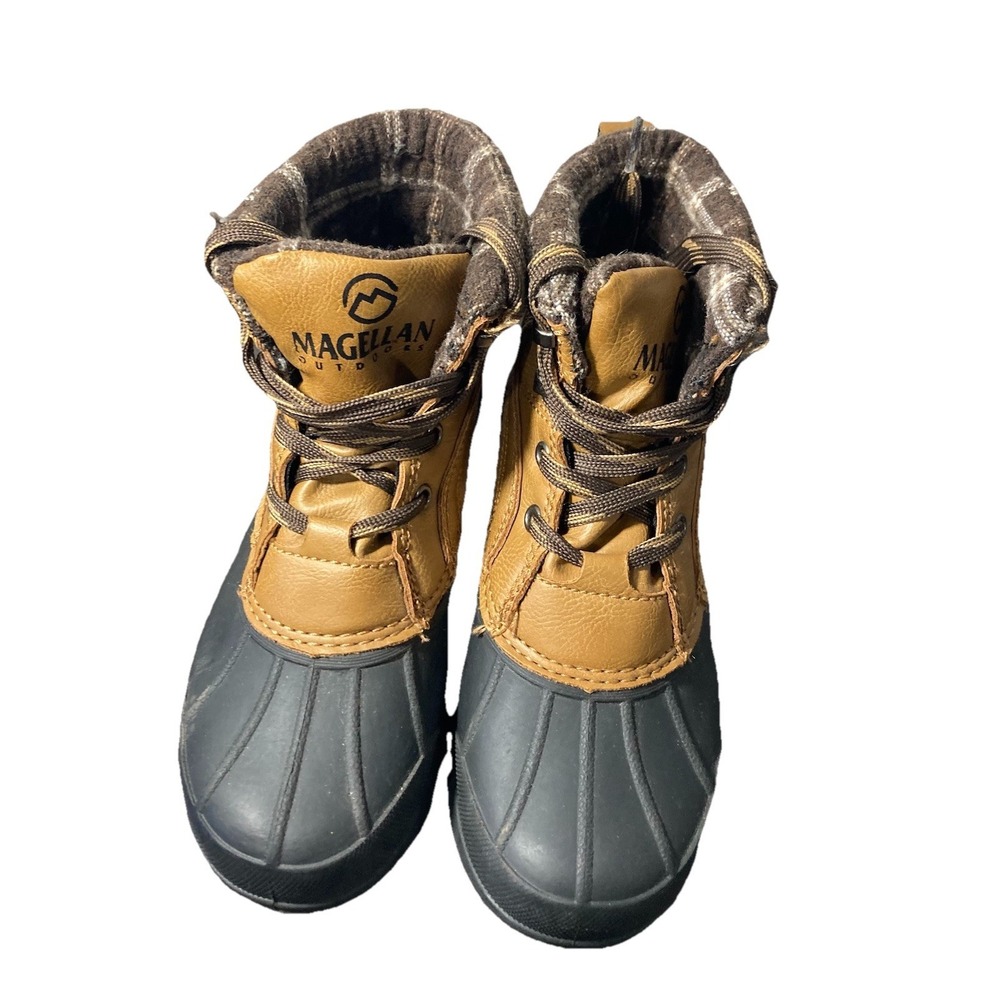 Magellan‎ Outdoors Rain Boot Unisex Kids Brown Black Waterproof Lace Up Size 1 Y